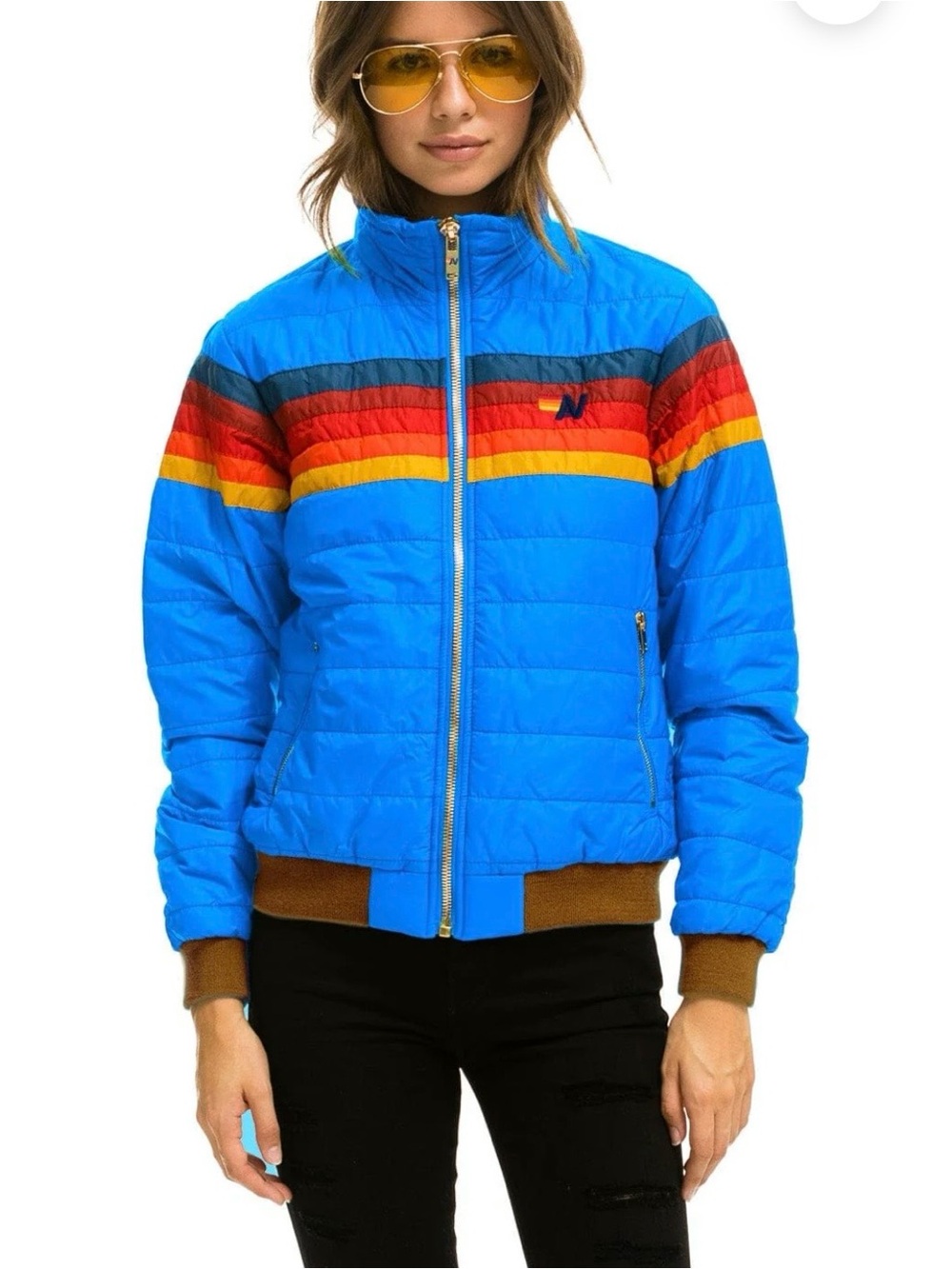 Aviator Nation Blue Quilted Puffer with Rainbow Stripe